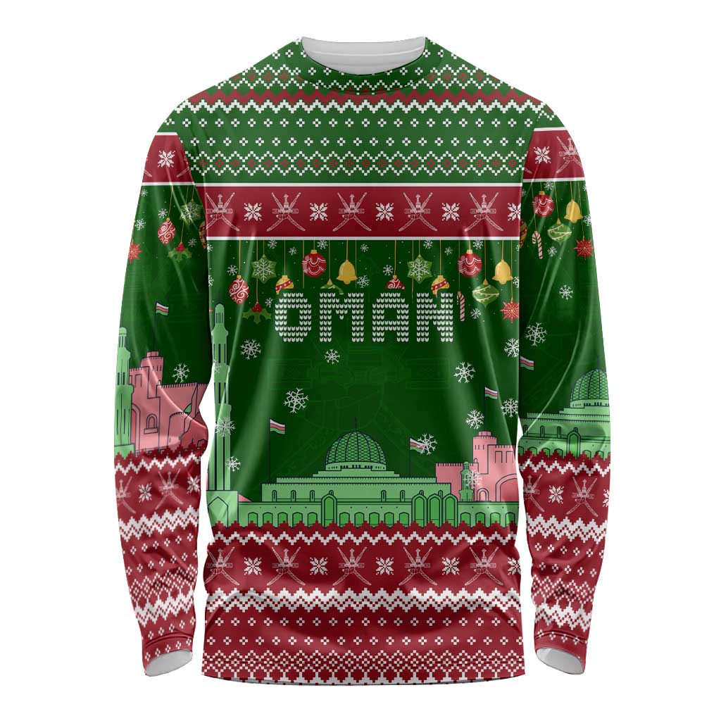 Oman Christmas Long Sleeve Shirt with Green-Red Pattern, Mosque and Fort Landmarks, and Festive Ornament Motif - Wonder Print Shop