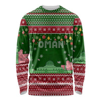 Oman Christmas Long Sleeve Shirt with Green-Red Pattern, Mosque and Fort Landmarks, and Festive Ornament Motif - Wonder Print Shop