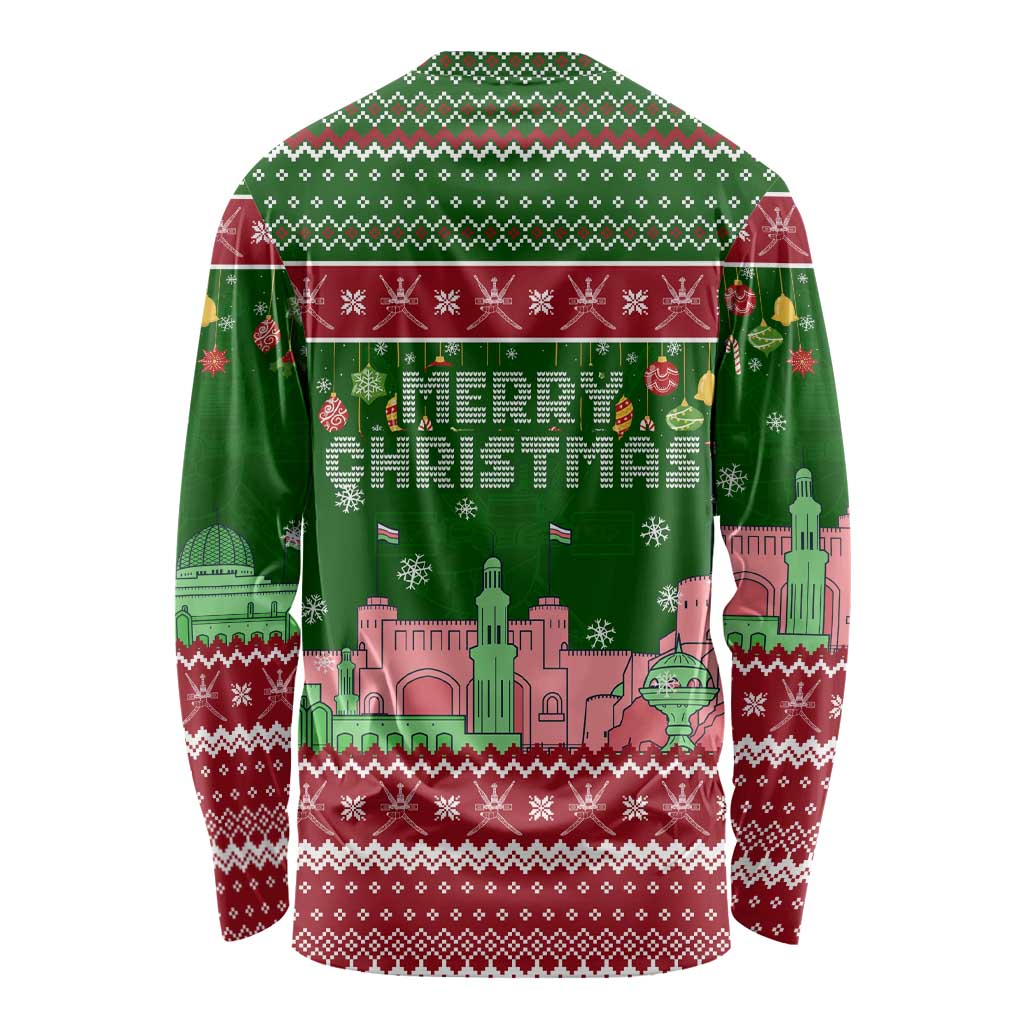 Oman Christmas Long Sleeve Shirt with Green-Red Pattern, Mosque and Fort Landmarks, and Festive Ornament Motif - Wonder Print Shop