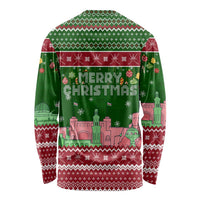 Oman Christmas Long Sleeve Shirt with Green-Red Pattern, Mosque and Fort Landmarks, and Festive Ornament Motif - Wonder Print Shop