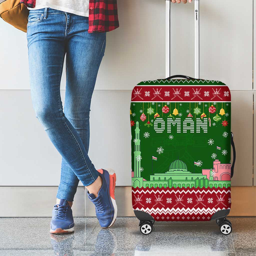 Oman Christmas Luggage Cover with Green-Red Pattern, Mosque and Fort Landmarks, and Festive Ornament Motif - Wonder Print Shop