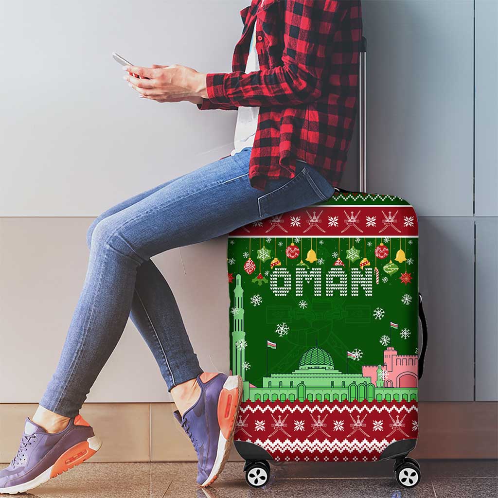 Oman Christmas Luggage Cover with Green-Red Pattern, Mosque and Fort Landmarks, and Festive Ornament Motif - Wonder Print Shop