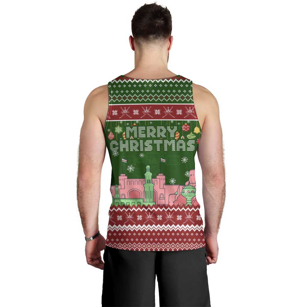 Oman Christmas Men Tank Top with Green-Red Pattern, Mosque and Fort Landmarks, and Festive Ornament Motif - Wonder Print Shop