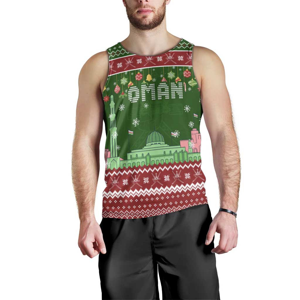 Oman Christmas Men Tank Top with Green-Red Pattern, Mosque and Fort Landmarks, and Festive Ornament Motif - Wonder Print Shop