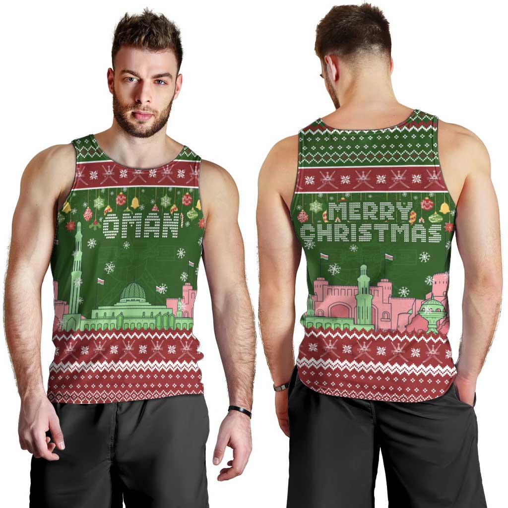 Oman Christmas Men Tank Top with Green-Red Pattern, Mosque and Fort Landmarks, and Festive Ornament Motif - Wonder Print Shop