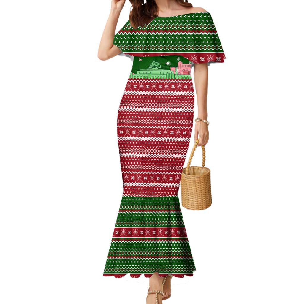 Oman Christmas Mermaid Dress with Green-Red Pattern, Mosque and Fort Landmarks, and Festive Ornament Motif - Wonder Print Shop