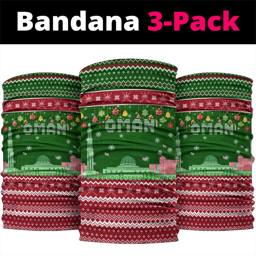 Oman Christmas Neck Gaiter with Green-Red Pattern, Mosque and Fort Landmarks, and Festive Ornament Motif - Wonder Print Shop