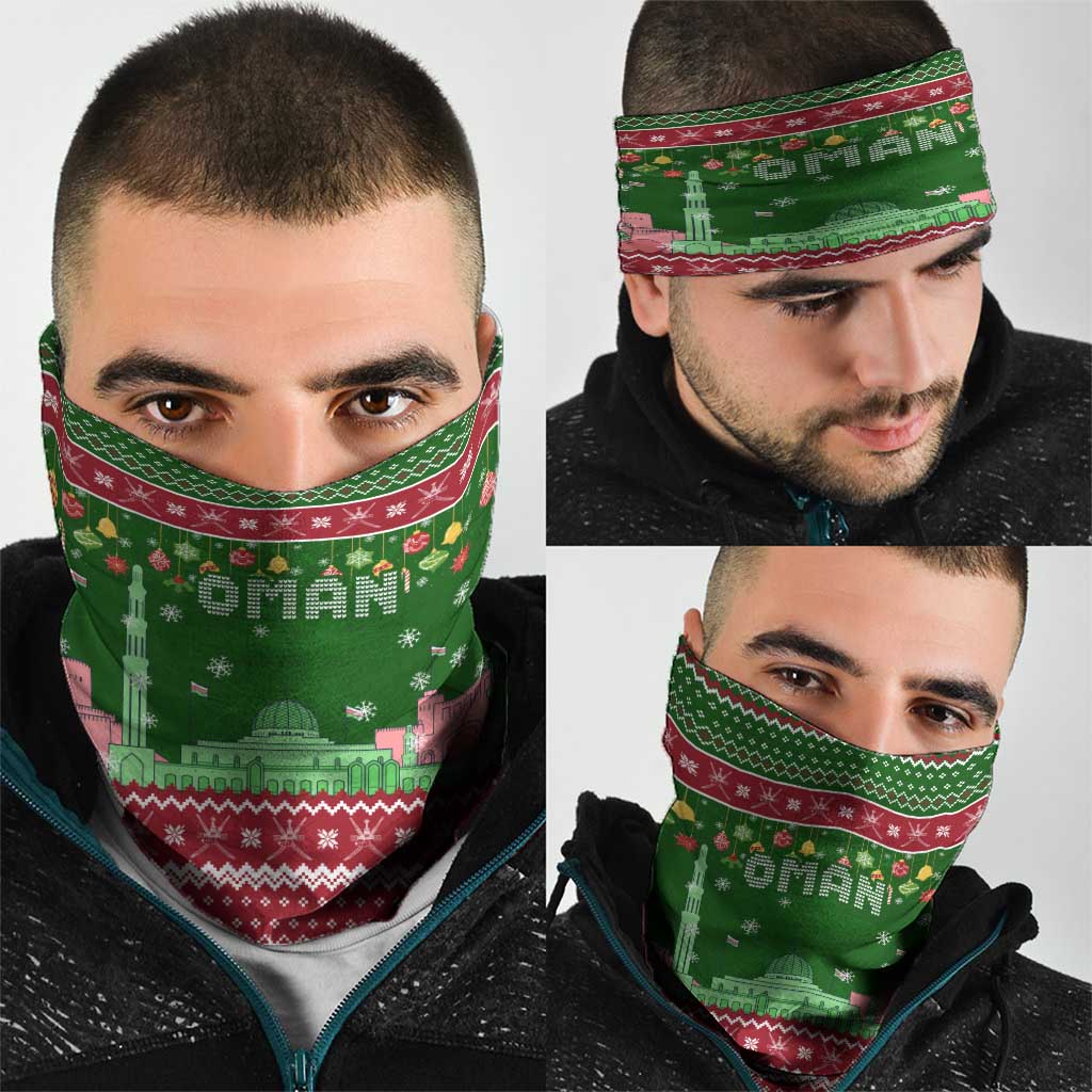 Oman Christmas Neck Gaiter with Green-Red Pattern, Mosque and Fort Landmarks, and Festive Ornament Motif - Wonder Print Shop