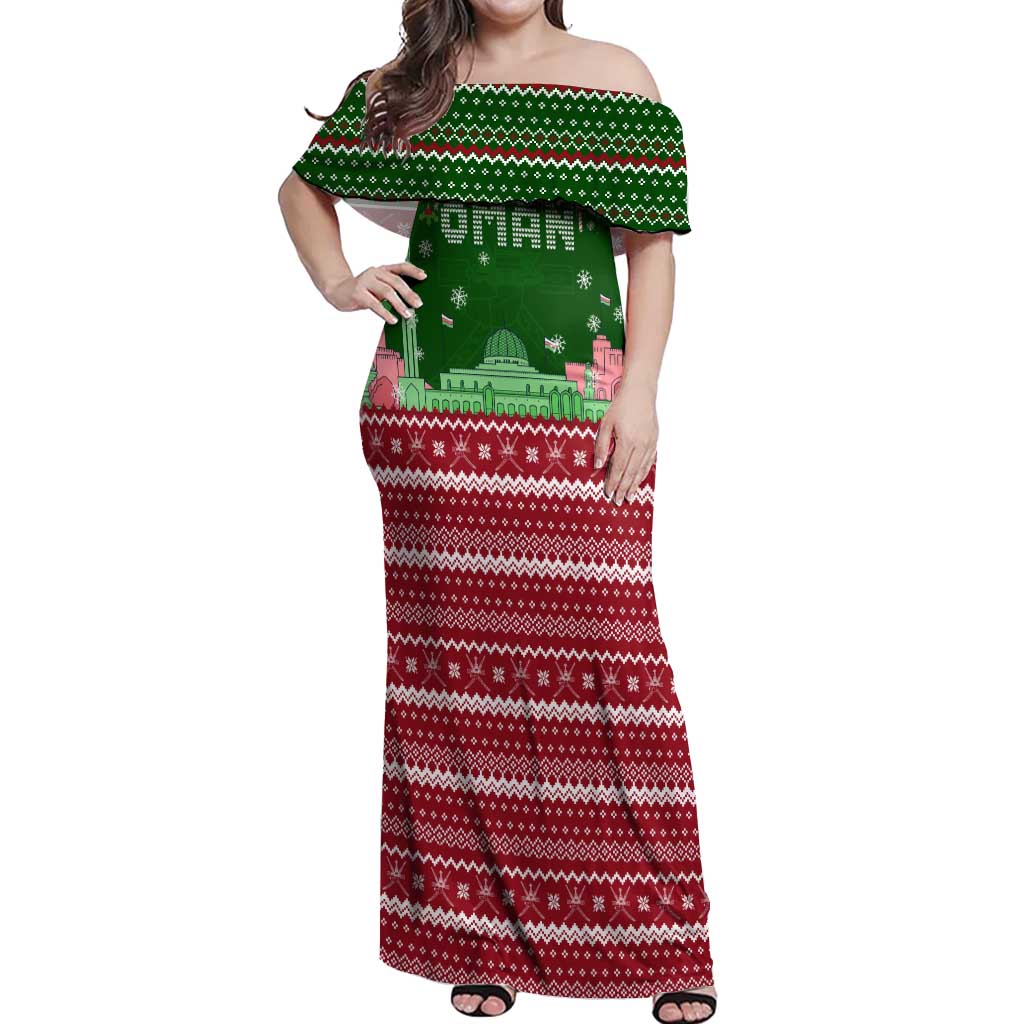 Oman Christmas Off Shoulder Maxi Dress with Green-Red Pattern, Mosque and Fort Landmarks, and Festive Ornament Motif - Wonder Print Shop