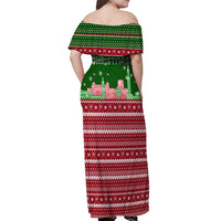Oman Christmas Off Shoulder Maxi Dress with Green-Red Pattern, Mosque and Fort Landmarks, and Festive Ornament Motif - Wonder Print Shop