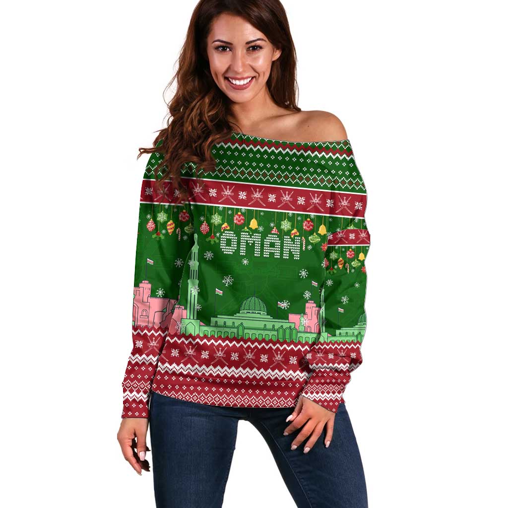 Oman Christmas Off Shoulder Sweater with Green-Red Pattern, Mosque and Fort Landmarks, and Festive Ornament Motif - Wonder Print Shop