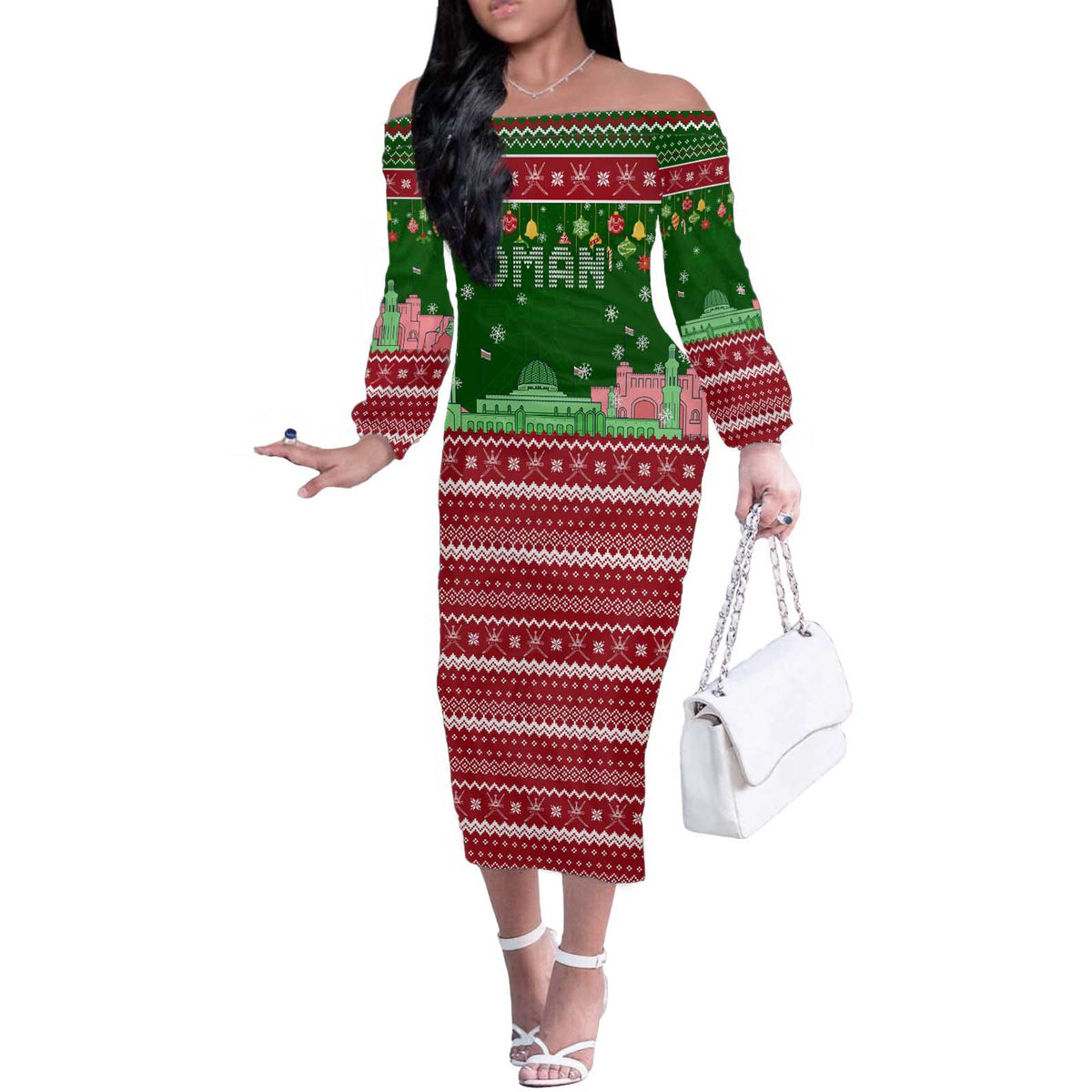 Oman Christmas Off The Shoulder Long Sleeve Dress with Green-Red Pattern, Mosque and Fort Landmarks, and Festive Ornament Motif - Wonder Print Shop
