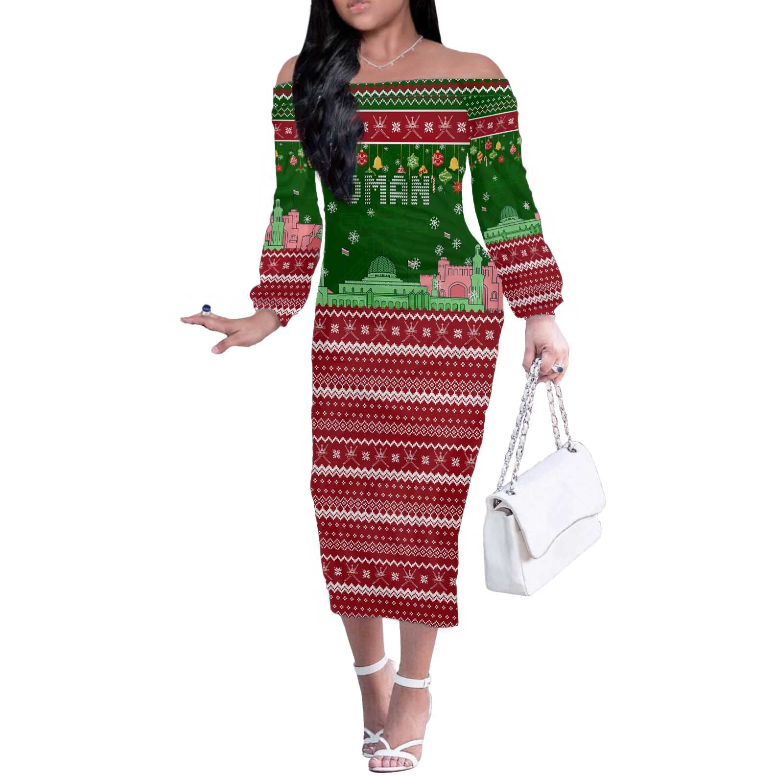 Oman Christmas Off The Shoulder Long Sleeve Dress with Green-Red Pattern, Mosque and Fort Landmarks, and Festive Ornament Motif - Wonder Print Shop