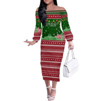 Oman Christmas Off The Shoulder Long Sleeve Dress with Green-Red Pattern, Mosque and Fort Landmarks, and Festive Ornament Motif - Wonder Print Shop
