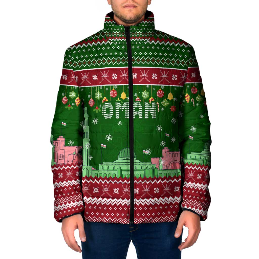 Oman Christmas Padded Jacket with Green-Red Pattern, Mosque and Fort Landmarks, and Festive Ornament Motif - Wonder Print Shop