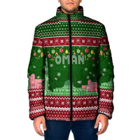 Oman Christmas Padded Jacket with Green-Red Pattern, Mosque and Fort Landmarks, and Festive Ornament Motif - Wonder Print Shop