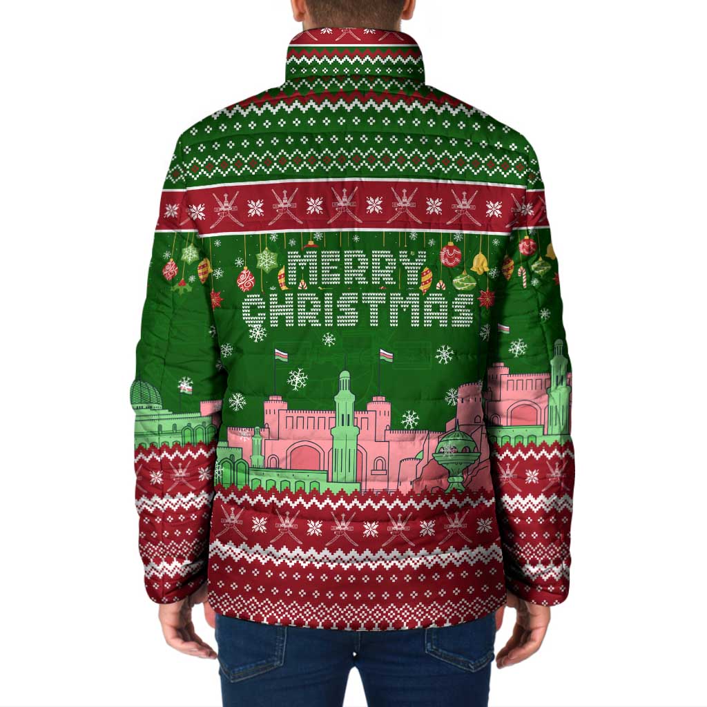 Oman Christmas Padded Jacket with Green-Red Pattern, Mosque and Fort Landmarks, and Festive Ornament Motif - Wonder Print Shop