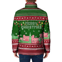 Oman Christmas Padded Jacket with Green-Red Pattern, Mosque and Fort Landmarks, and Festive Ornament Motif - Wonder Print Shop