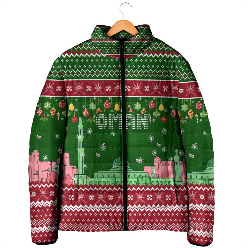 Oman Christmas Padded Jacket with Green-Red Pattern, Mosque and Fort Landmarks, and Festive Ornament Motif - Wonder Print Shop
