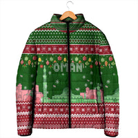 Oman Christmas Padded Jacket with Green-Red Pattern, Mosque and Fort Landmarks, and Festive Ornament Motif - Wonder Print Shop