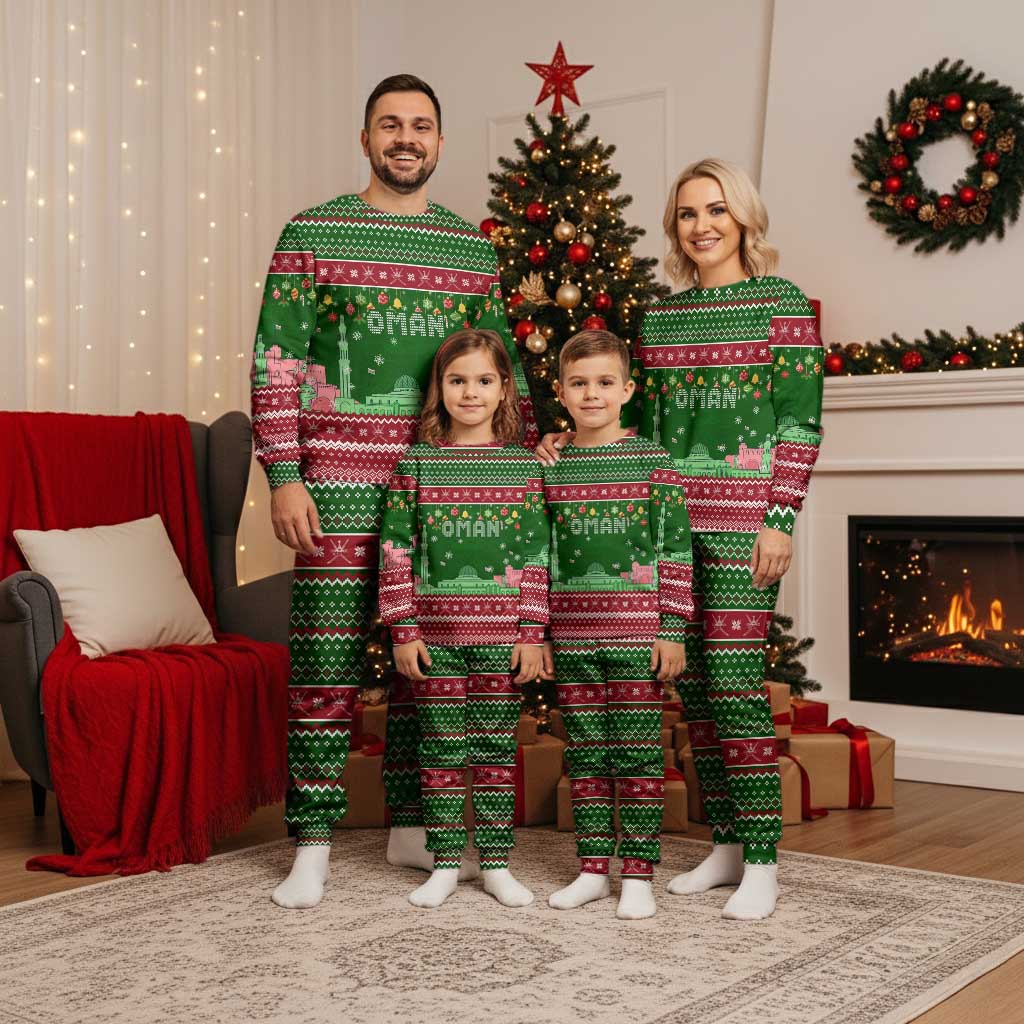 Oman Christmas Pajama Set with Green-Red Pattern, Mosque and Fort Landmarks, and Festive Ornament Motif - Wonder Print Shop