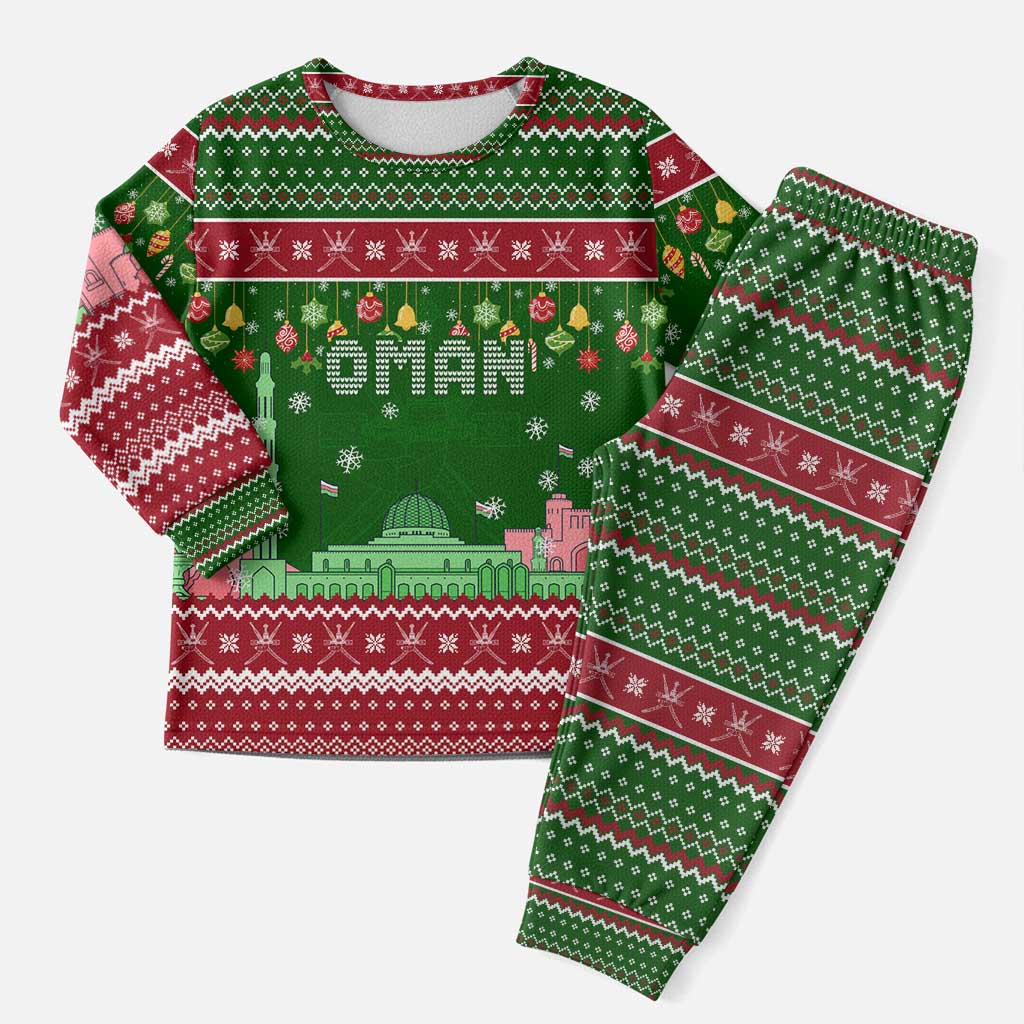 Oman Christmas Pajama Set with Green-Red Pattern, Mosque and Fort Landmarks, and Festive Ornament Motif - Wonder Print Shop