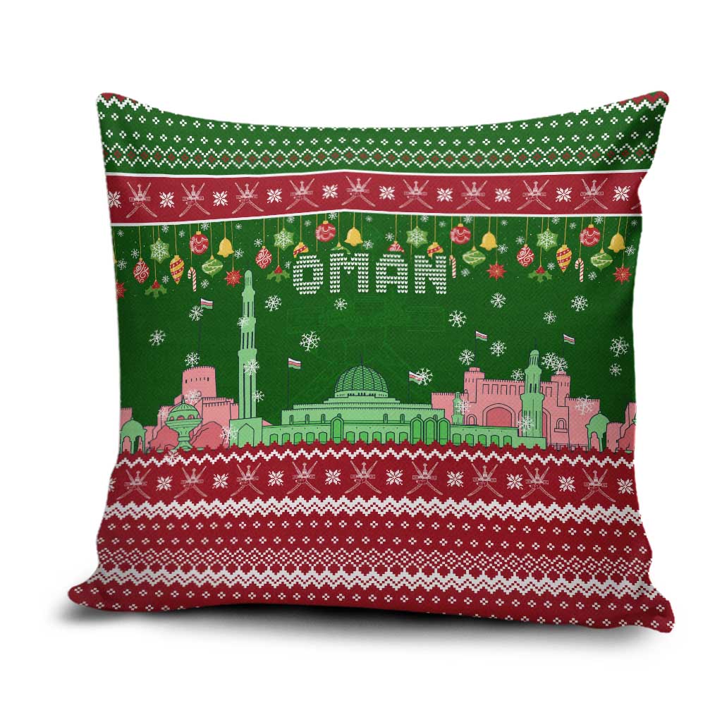 Oman Christmas Pillow Cover with Green-Red Pattern, Mosque and Fort Landmarks, and Festive Ornament Motif - Wonder Print Shop