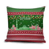 Oman Christmas Pillow Cover with Green-Red Pattern, Mosque and Fort Landmarks, and Festive Ornament Motif - Wonder Print Shop