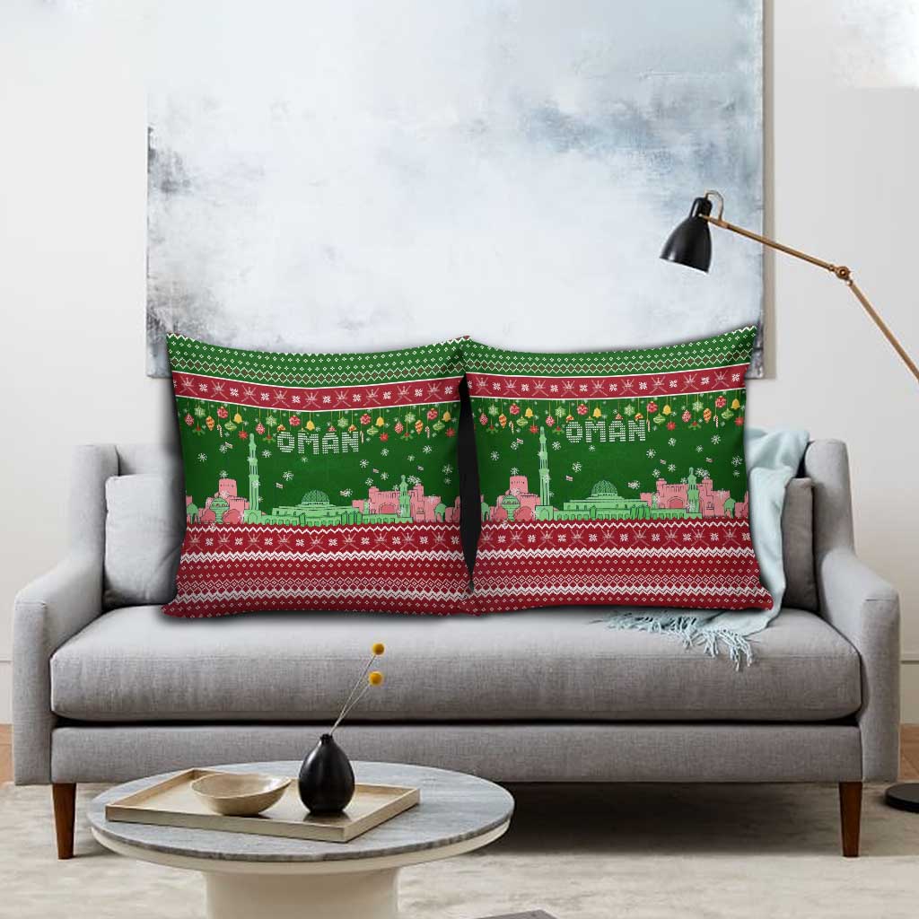 Oman Christmas Pillow Cover with Green-Red Pattern, Mosque and Fort Landmarks, and Festive Ornament Motif - Wonder Print Shop