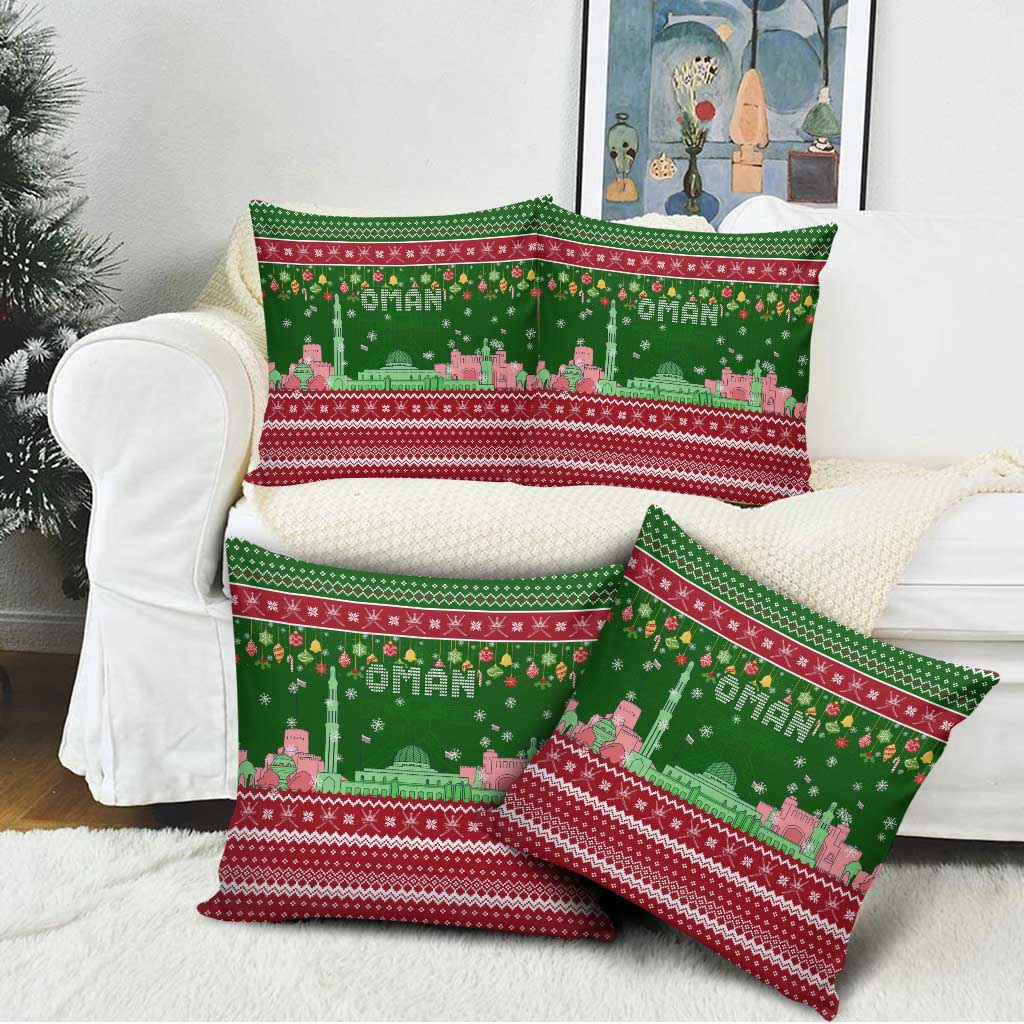 Oman Christmas Pillow Cover with Green-Red Pattern, Mosque and Fort Landmarks, and Festive Ornament Motif - Wonder Print Shop