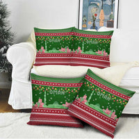 Oman Christmas Pillow Cover with Green-Red Pattern, Mosque and Fort Landmarks, and Festive Ornament Motif - Wonder Print Shop