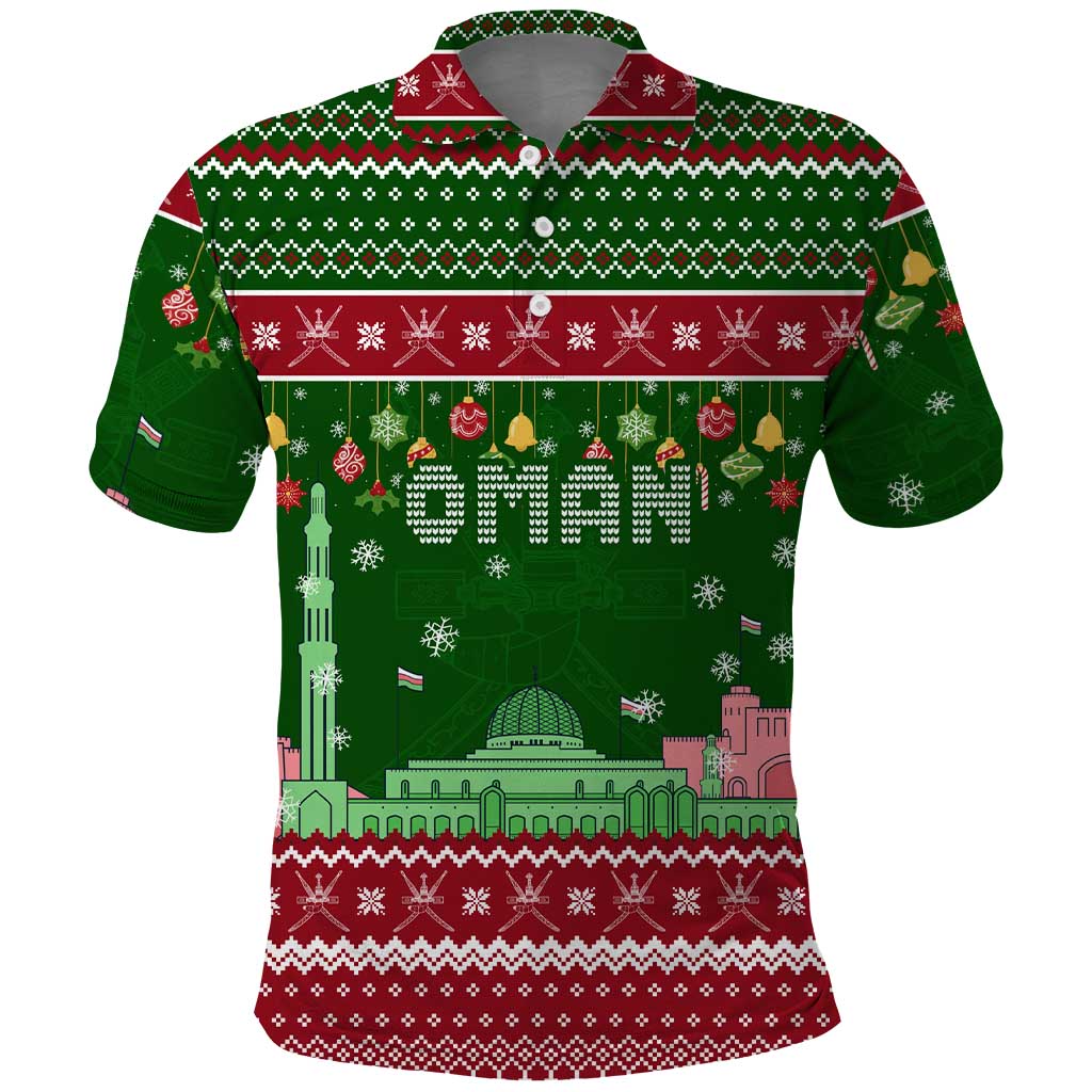 Oman Christmas Polo Shirt with Green-Red Pattern, Mosque and Fort Landmarks, and Festive Ornament Motif - Wonder Print Shop