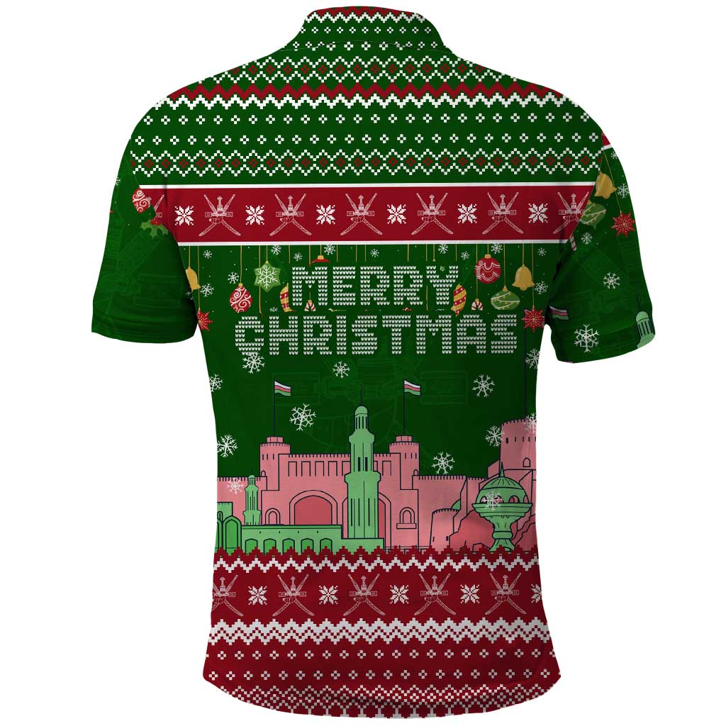Oman Christmas Polo Shirt with Green-Red Pattern, Mosque and Fort Landmarks, and Festive Ornament Motif - Wonder Print Shop