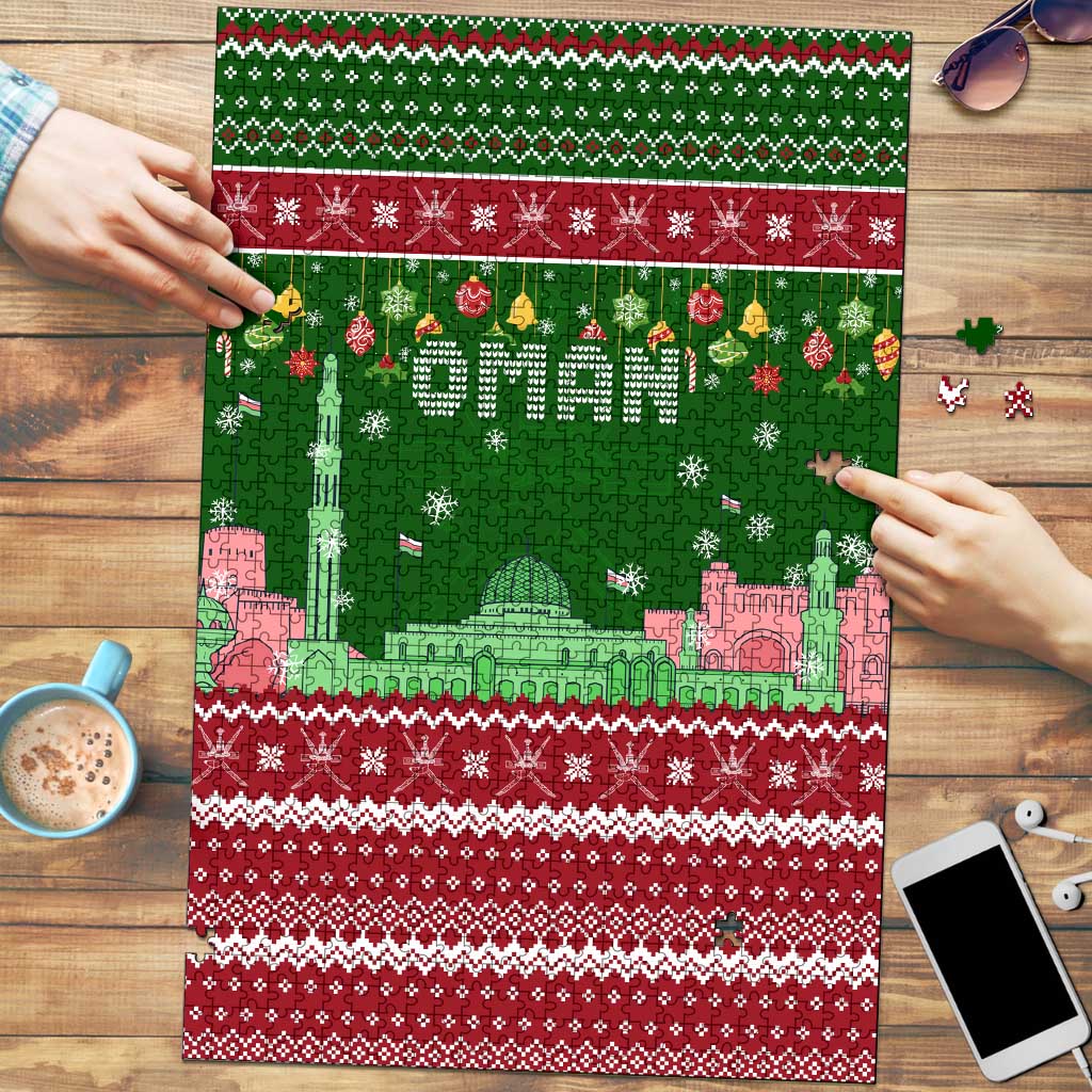 Oman Christmas Puzzle with Green-Red Pattern, Mosque and Fort Landmarks, and Festive Ornament Motif - Wonder Print Shop