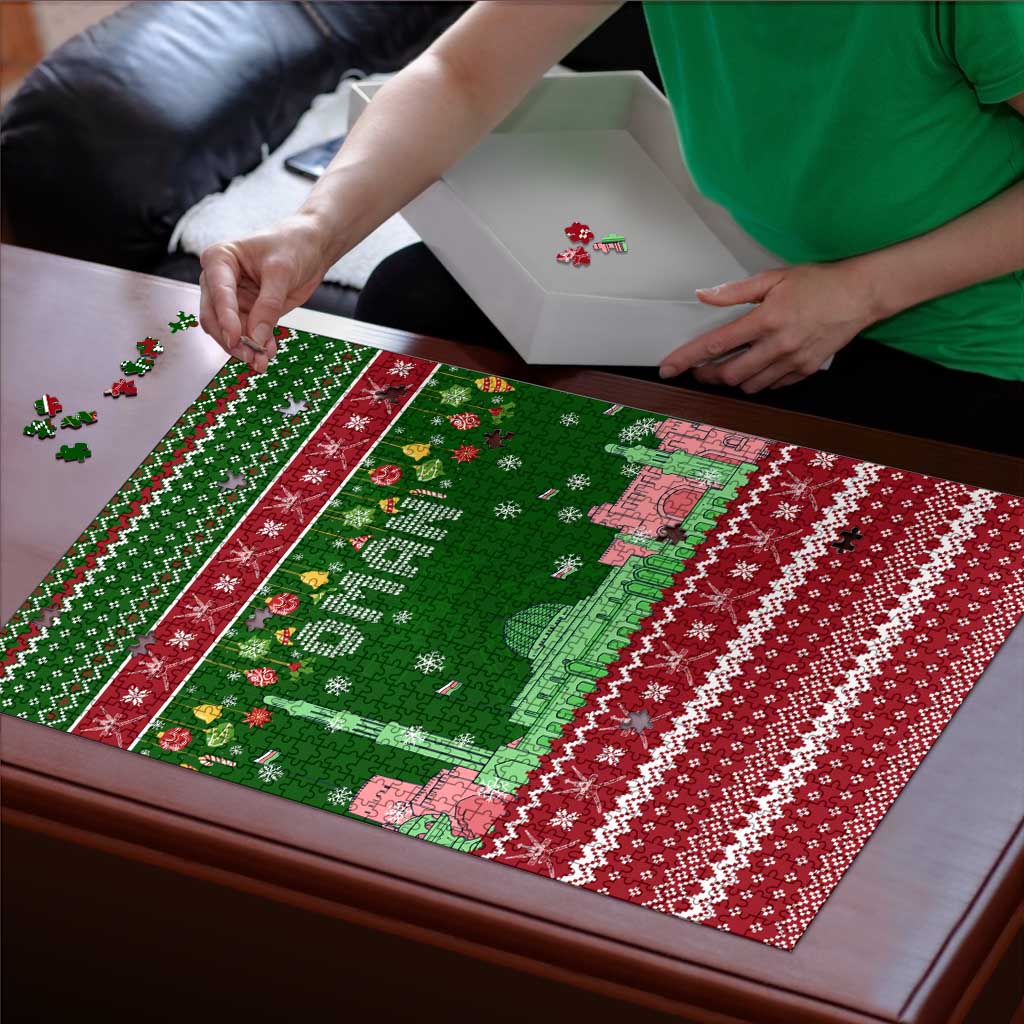 Oman Christmas Puzzle with Green-Red Pattern, Mosque and Fort Landmarks, and Festive Ornament Motif - Wonder Print Shop