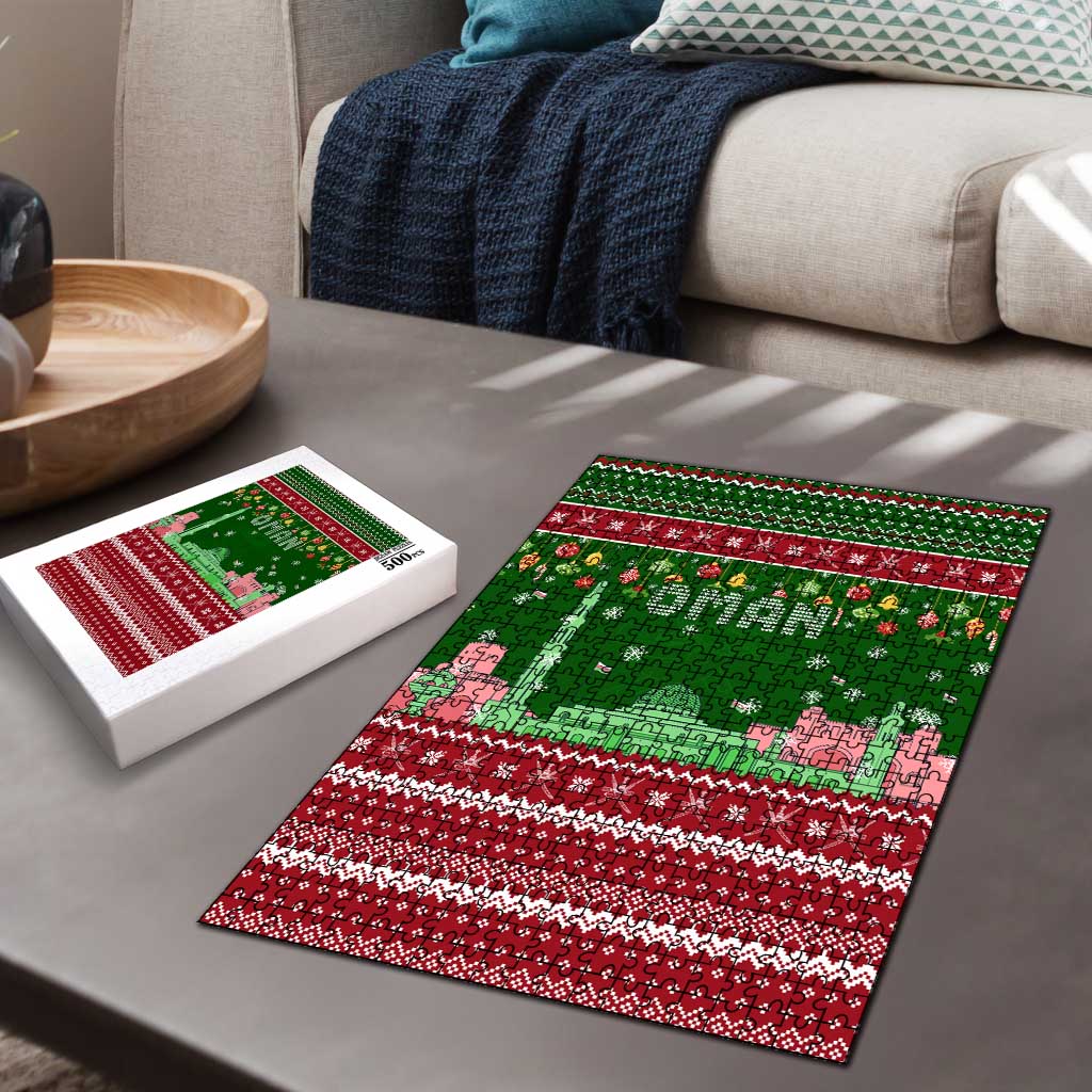 Oman Christmas Puzzle with Green-Red Pattern, Mosque and Fort Landmarks, and Festive Ornament Motif - Wonder Print Shop