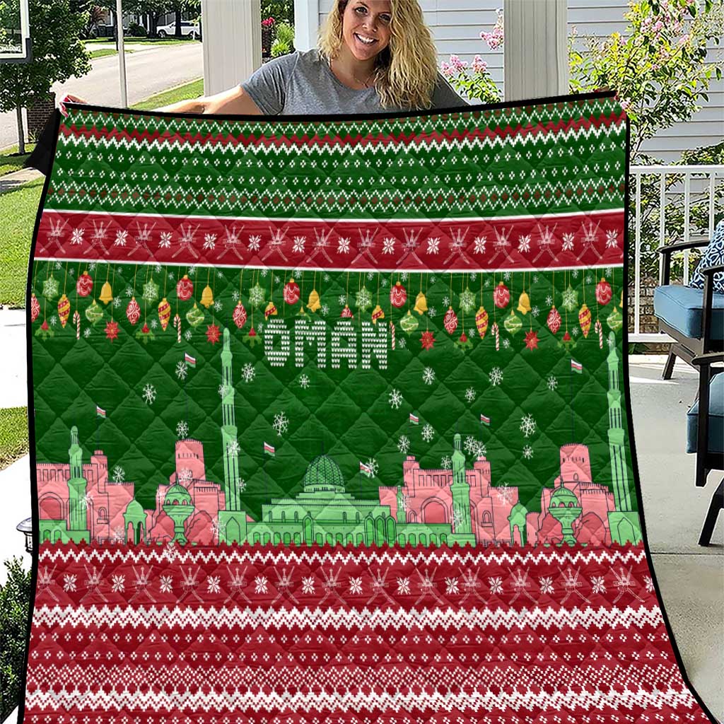 Oman Christmas Quilt with Green-Red Pattern, Mosque and Fort Landmarks, and Festive Ornament Motif - Wonder Print Shop