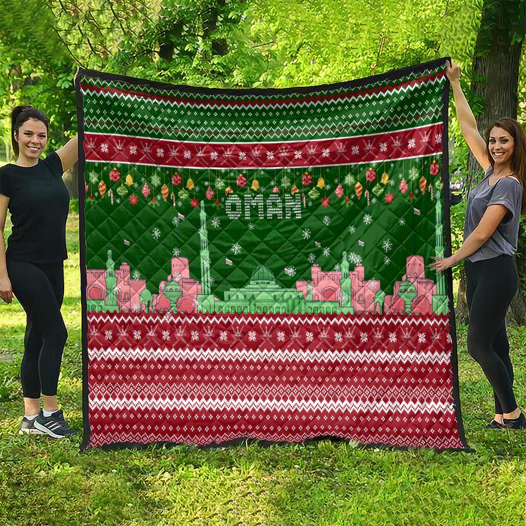 Oman Christmas Quilt with Green-Red Pattern, Mosque and Fort Landmarks, and Festive Ornament Motif - Wonder Print Shop
