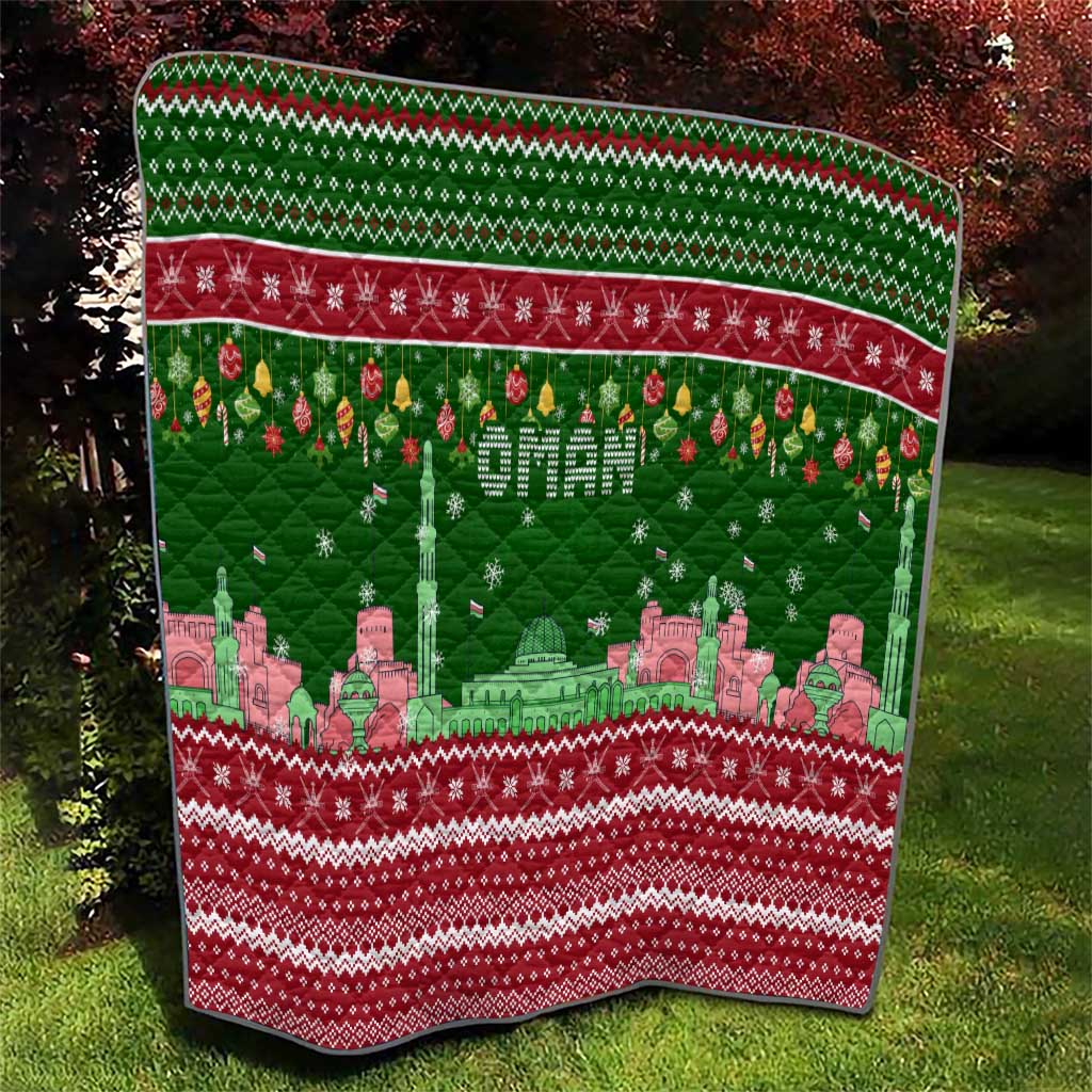 Oman Christmas Quilt with Green-Red Pattern, Mosque and Fort Landmarks, and Festive Ornament Motif - Wonder Print Shop