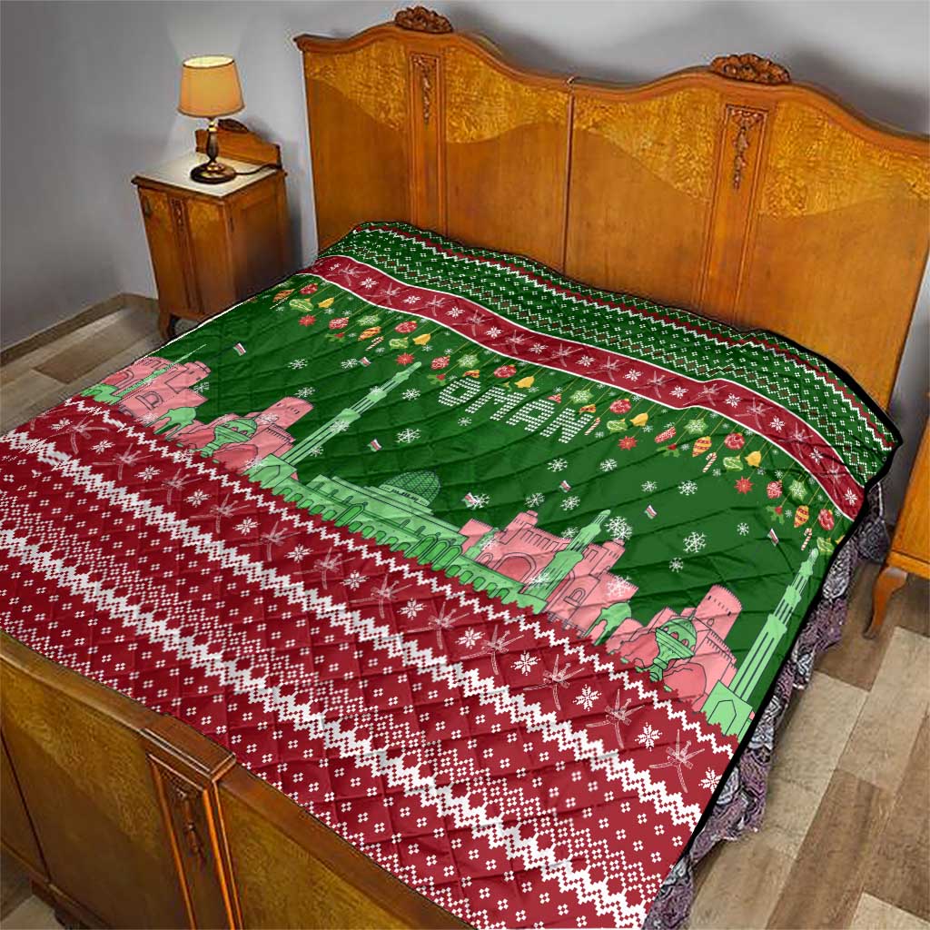 Oman Christmas Quilt with Green-Red Pattern, Mosque and Fort Landmarks, and Festive Ornament Motif - Wonder Print Shop