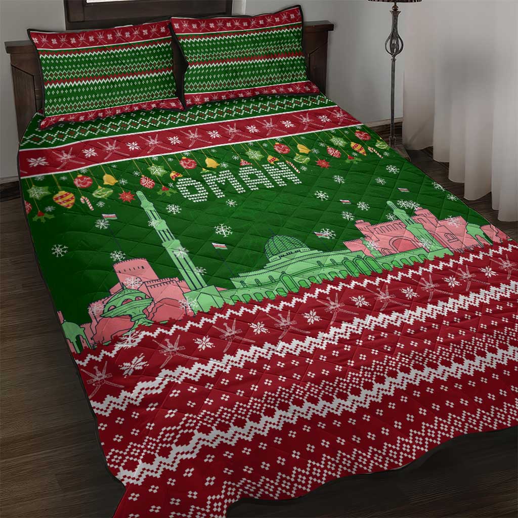 Oman Christmas Quilt Bed Set with Green-Red Pattern, Mosque and Fort Landmarks, and Festive Ornament Motif - Wonder Print Shop