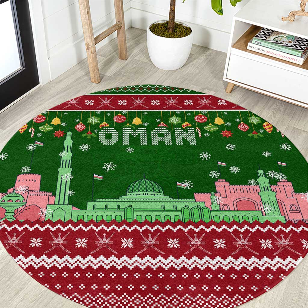 Oman Christmas Round Carpet with Green-Red Pattern, Mosque and Fort Landmarks, and Festive Ornament Motif - Wonder Print Shop