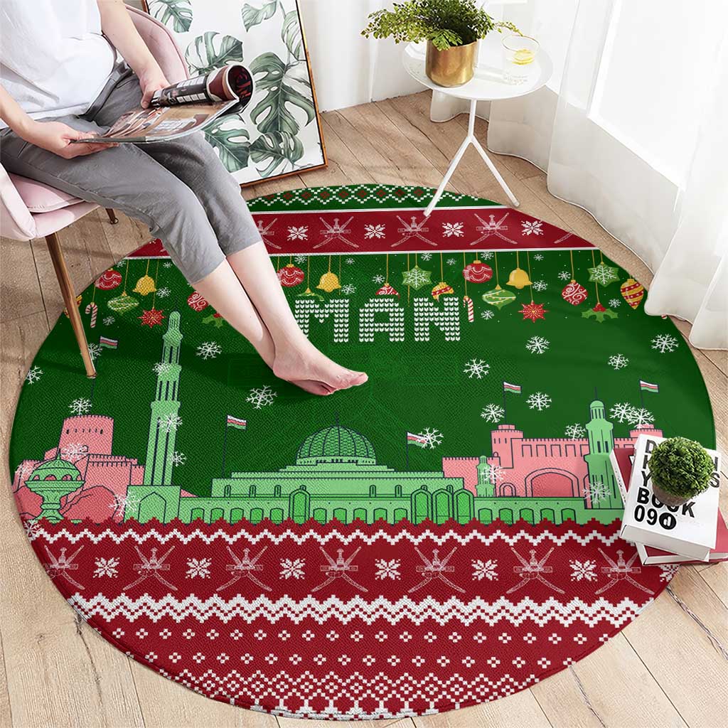 Oman Christmas Round Carpet with Green-Red Pattern, Mosque and Fort Landmarks, and Festive Ornament Motif - Wonder Print Shop