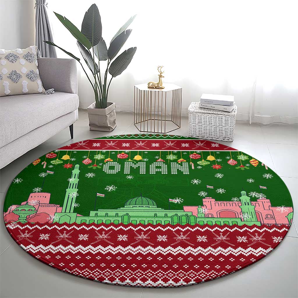 Oman Christmas Round Carpet with Green-Red Pattern, Mosque and Fort Landmarks, and Festive Ornament Motif - Wonder Print Shop