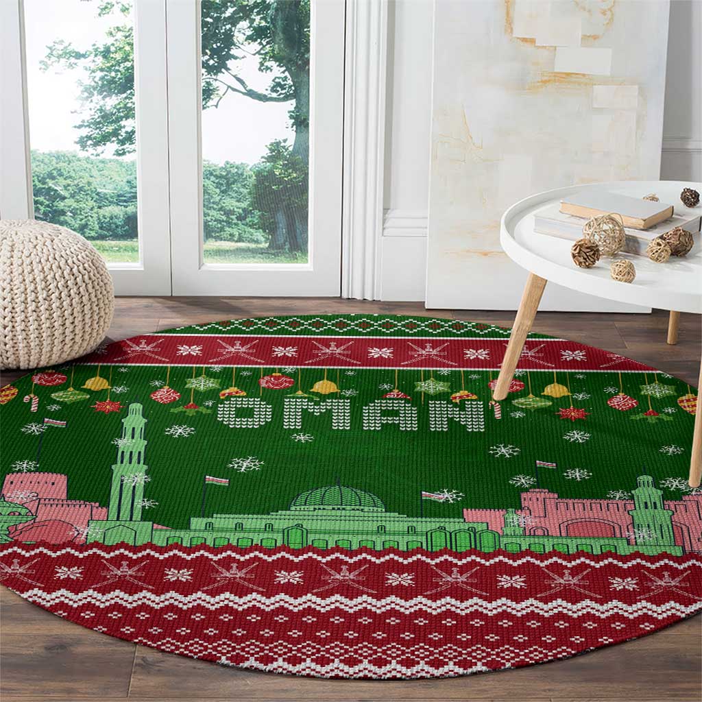 Oman Christmas Round Carpet with Green-Red Pattern, Mosque and Fort Landmarks, and Festive Ornament Motif - Wonder Print Shop