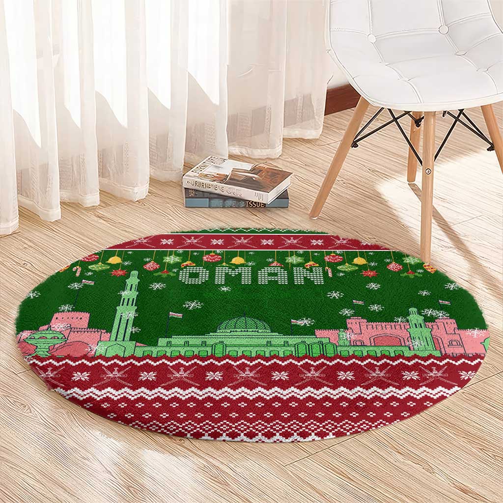 Oman Christmas Round Carpet with Green-Red Pattern, Mosque and Fort Landmarks, and Festive Ornament Motif - Wonder Print Shop