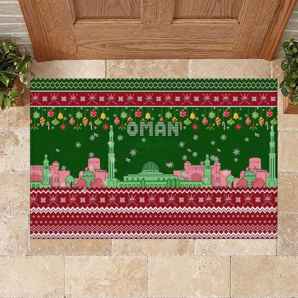 Oman Christmas Rubber Doormat with Green-Red Pattern, Mosque and Fort Landmarks, and Festive Ornament Motif - Wonder Print Shop