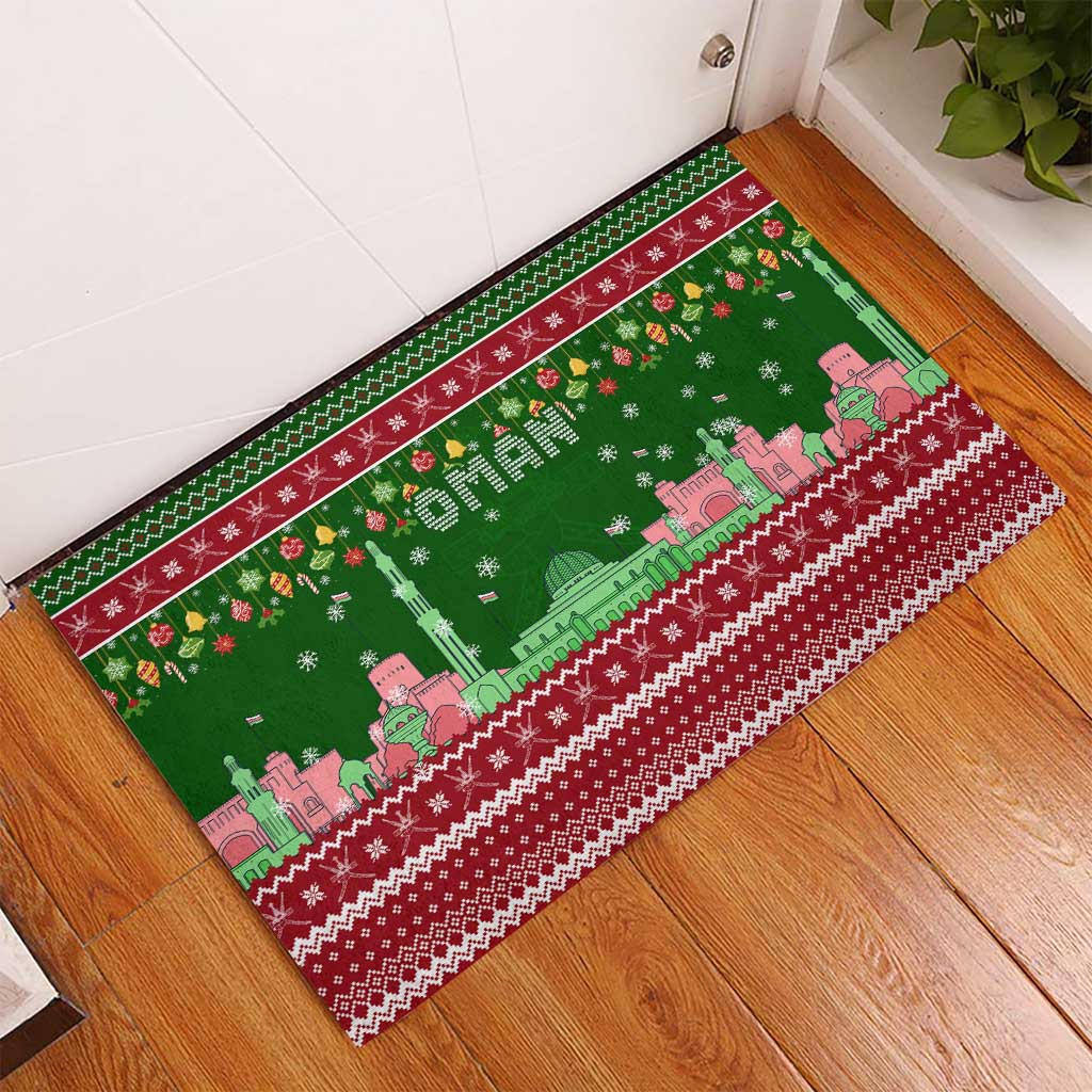 Oman Christmas Rubber Doormat with Green-Red Pattern, Mosque and Fort Landmarks, and Festive Ornament Motif - Wonder Print Shop