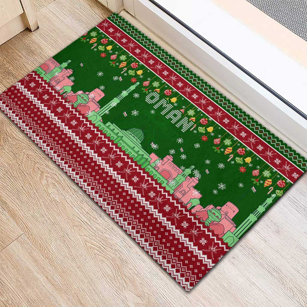 Oman Christmas Rubber Doormat with Green-Red Pattern, Mosque and Fort Landmarks, and Festive Ornament Motif - Wonder Print Shop