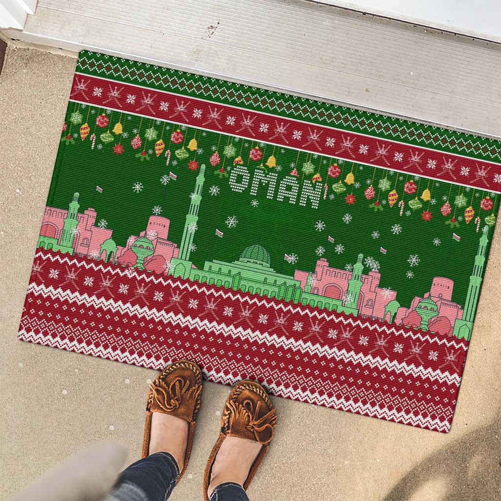Oman Christmas Rubber Doormat with Green-Red Pattern, Mosque and Fort Landmarks, and Festive Ornament Motif - Wonder Print Shop